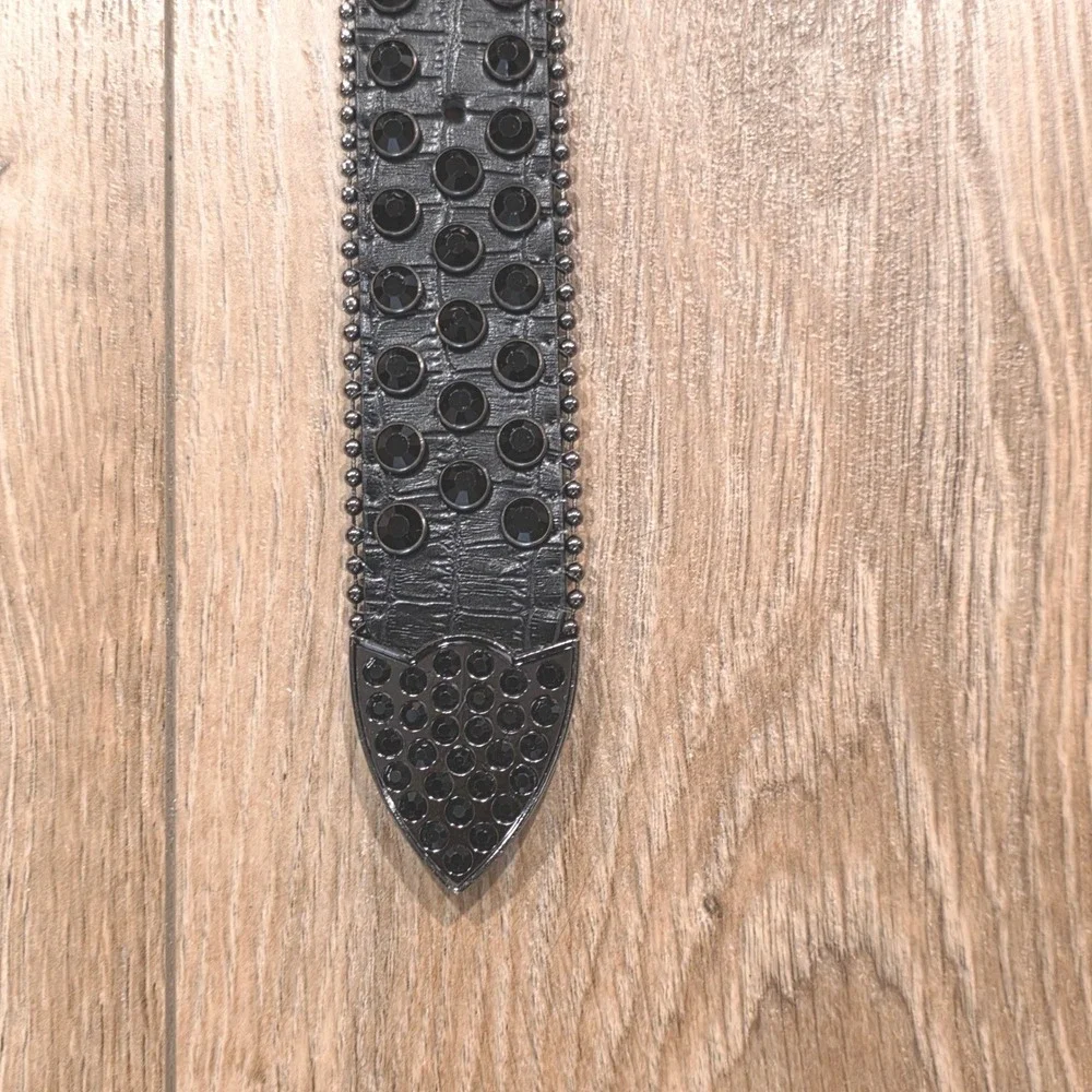 Western Black‎ Rhinestone Belt Genuine Leather XL Croc Embossed Cowboy Punk